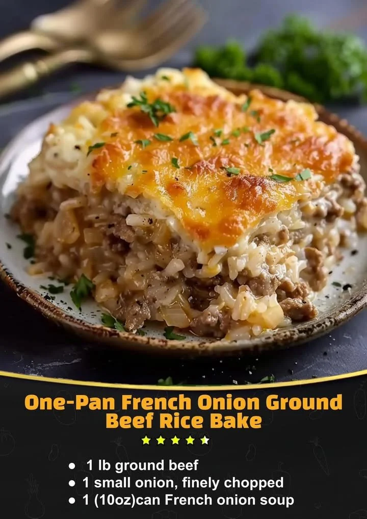 One-Pan French Onion Ground Beef Rice dish served in a skillet with cheese