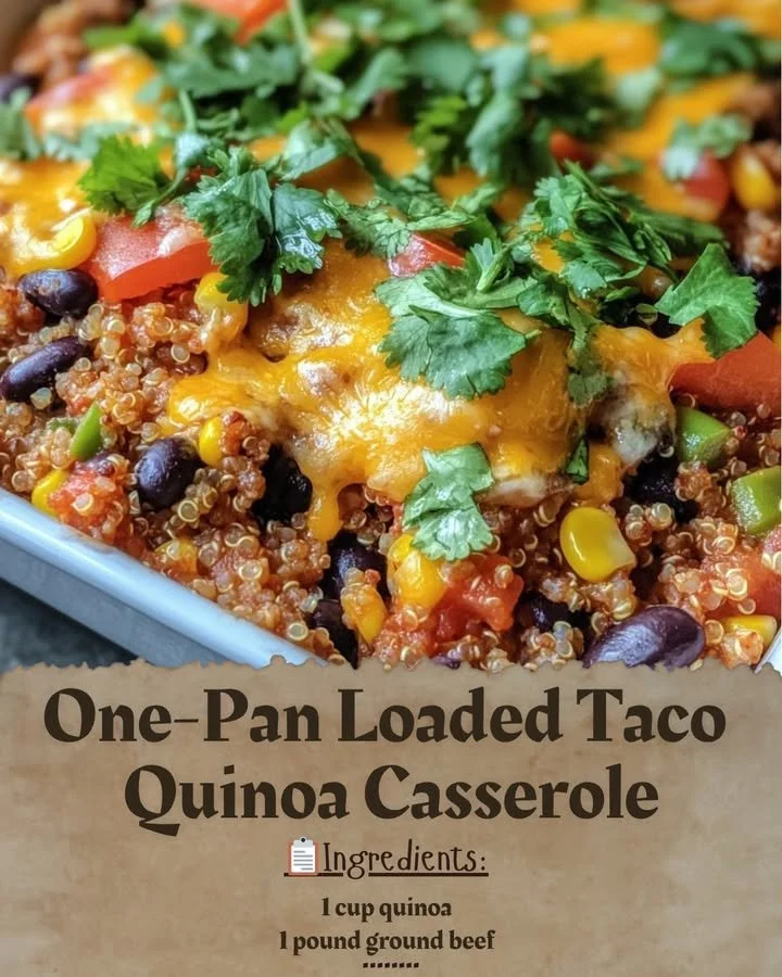 One-Pan Loaded Taco Quinoa Casserole with vibrant toppings