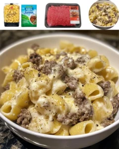 One-Pot Beef and Cheddar Ranch Pasta in a bowl with fresh herbs