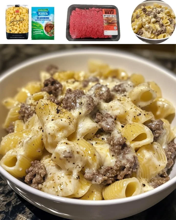 One-Pot Beef and Cheddar Ranch Pasta in a bowl with fresh herbs