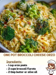 Creamy one pot broccoli cheese orzo dish garnished with fresh herbs