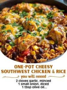 One-Pot Cheesy Southwest Chicken and Rice dish served in a bowl