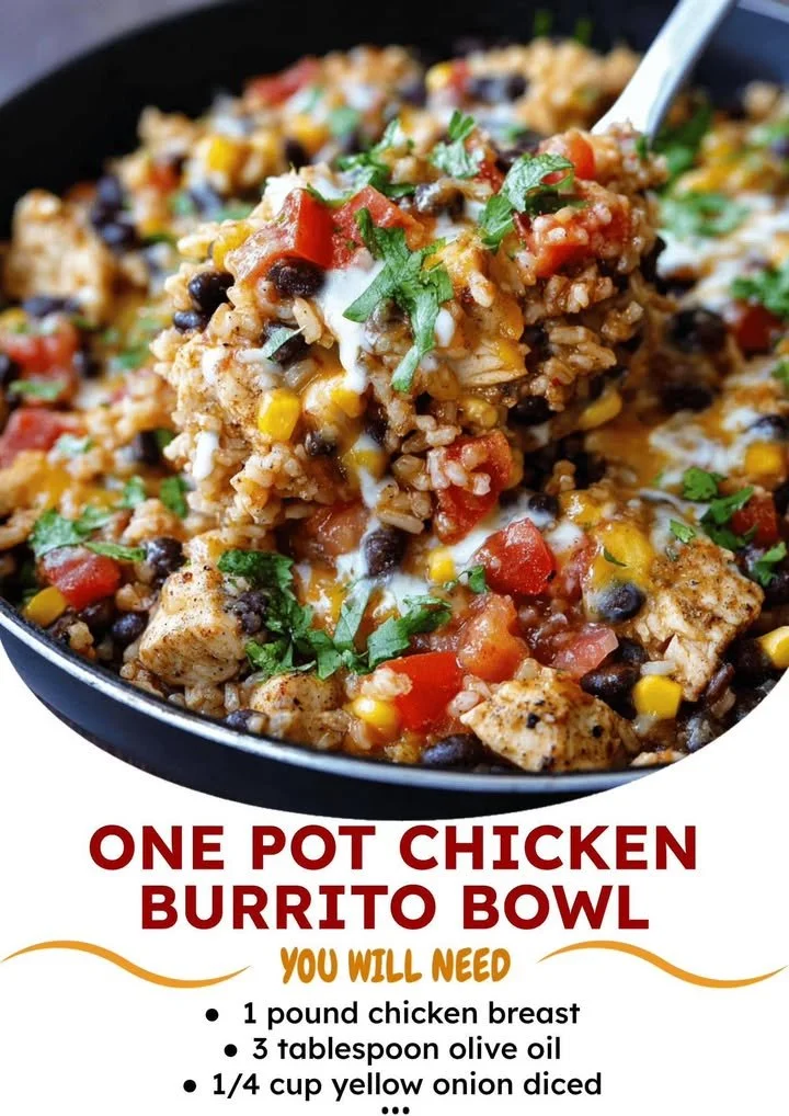 One Pot Chicken Burrito Bowl topped with fresh ingredients
