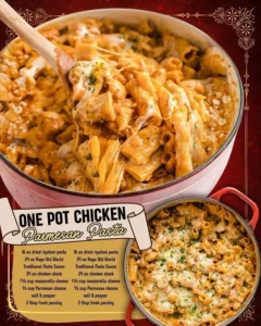 One pot chicken parmesan pasta dish with cheese and herbs