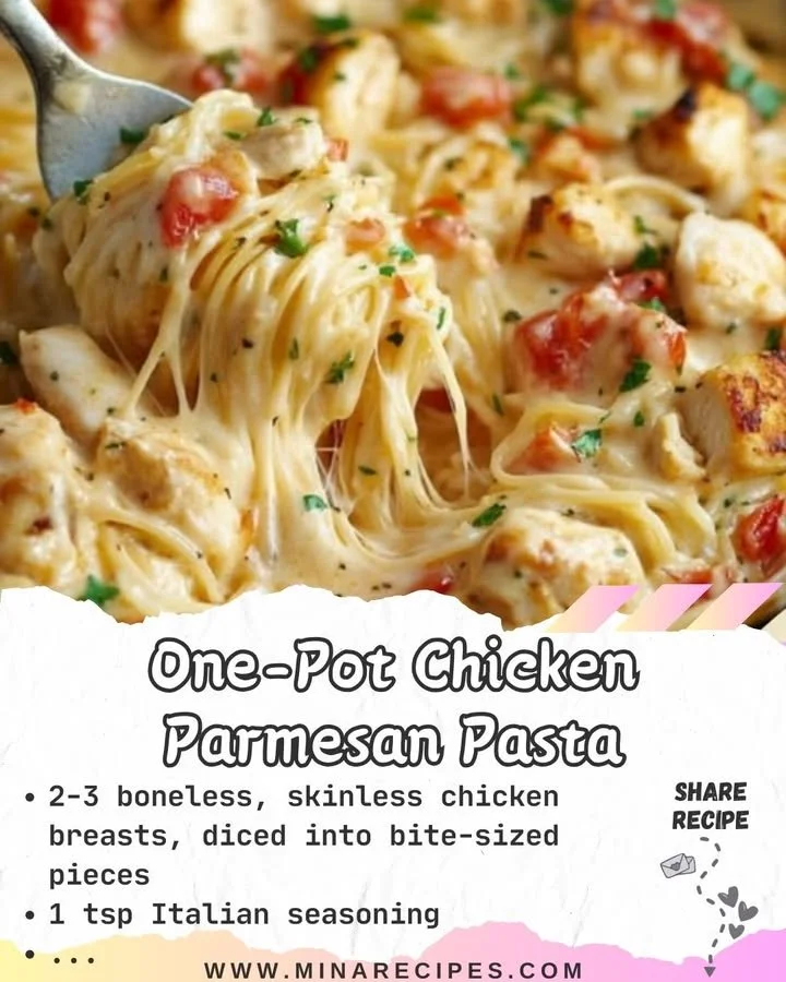 One-Pot Chicken Parmesan Pasta garnished with fresh basil and cheese