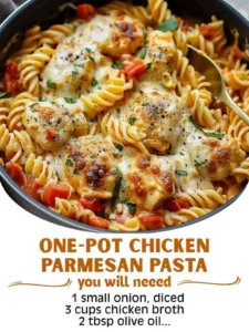 One-Pot Chicken Parmesan Pasta served in a bowl with cheese and herbs