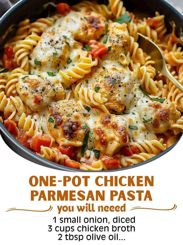 One-Pot Chicken Parmesan Pasta served in a bowl with cheese and herbs
