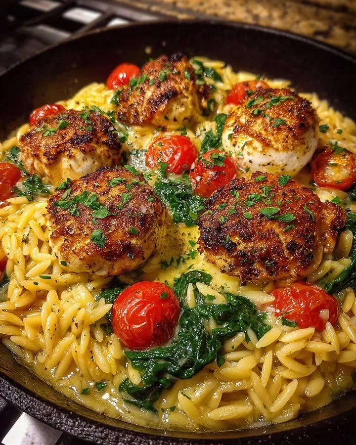 One-Pot Creamy Tuscan Chicken Orzo with Burrata Bombs