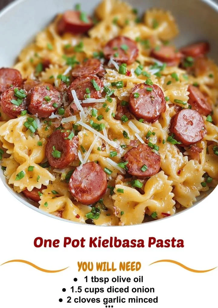 One Pot Kielbasa Pasta served in a bowl with herbs and garnish.