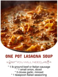 Delicious one pot lasagna soup featuring pasta, rich sauce, and cheese.