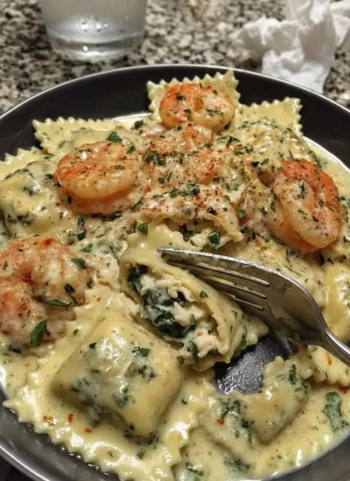 One Pot Lemon Garlic Cream Ravioli with Shrimp and Asparagus dish