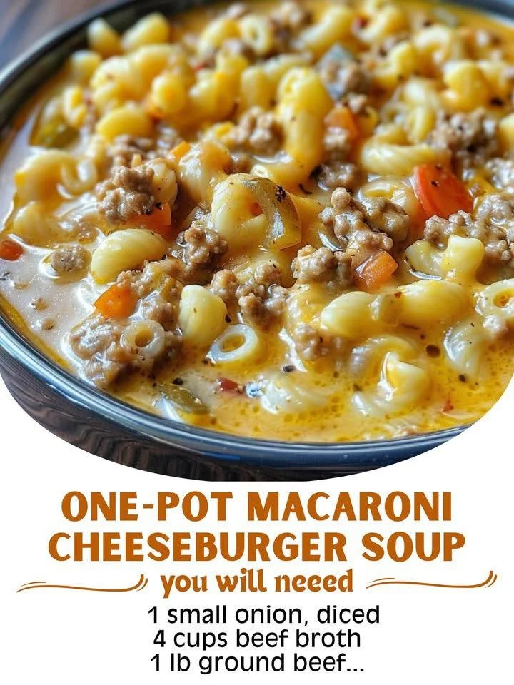 A bowl of creamy macaroni cheeseburger soup topped with cheese and herbs.