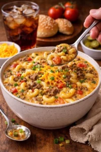 Bowl of creamy macaroni cheeseburger soup with cheese and pasta