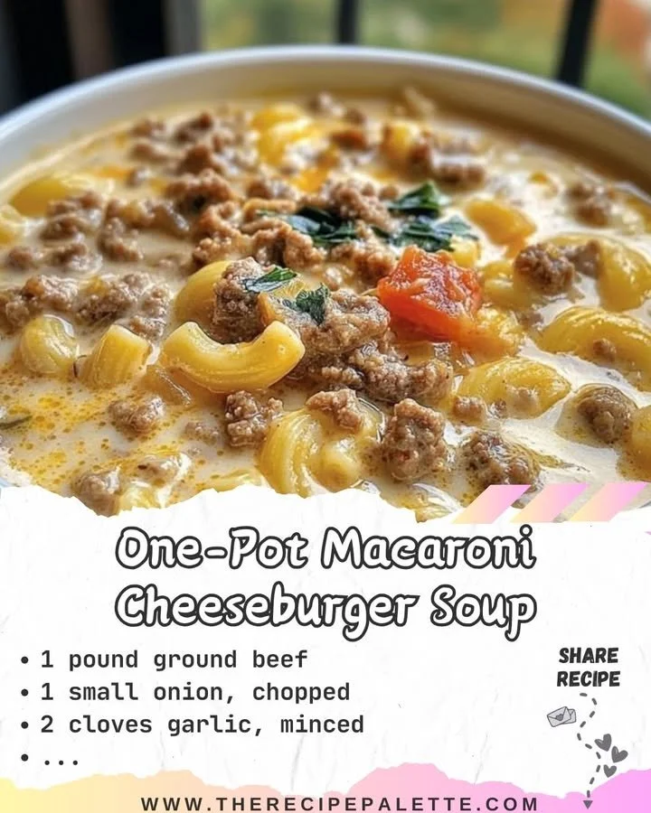 One-Pot Macaroni Cheeseburger Soup in a bowl garnished with herbs