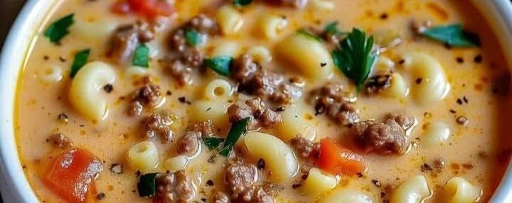 One Pot Macaroni Cheeseburger Soup in a bowl, topped with cheese and herbs.