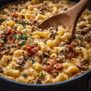 Delicious one-pot macaroni cheeseburger soup topped with bacon and Parmesan