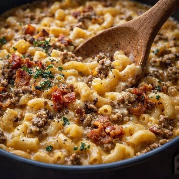Delicious one-pot macaroni cheeseburger soup with bacon and parmesan topping