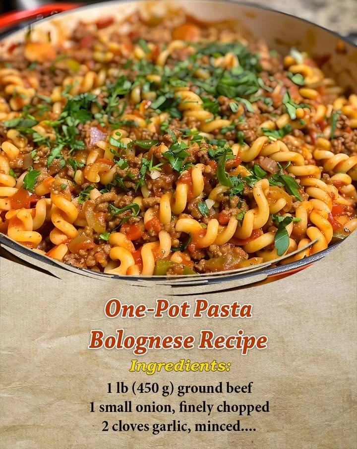 Delicious one-pot Pasta Bolognese with fresh herbs and ingredients.