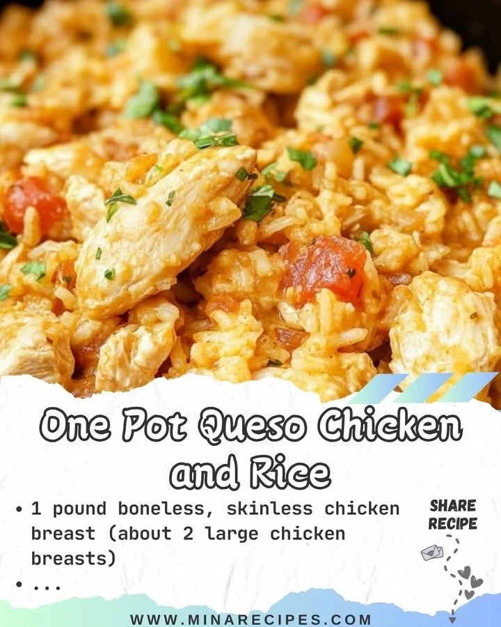 Delicious One Pot Queso Chicken and Rice served in a bowl