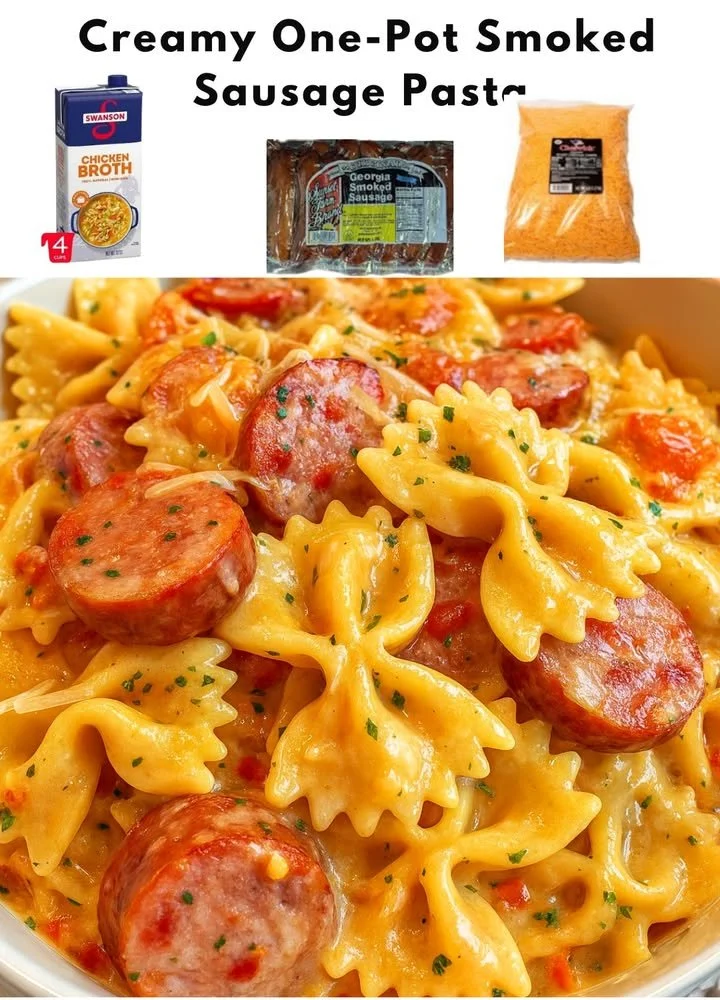 One Pot Smoked Sausage Pasta with vegetables in a skillet