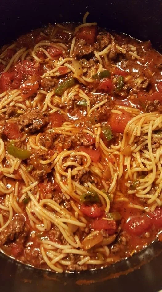 One Pot Spaghetti dish prepared in a skillet with fresh ingredients