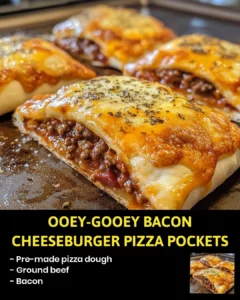 Ooey-gooey bacon cheeseburger pizza pockets on a plate.