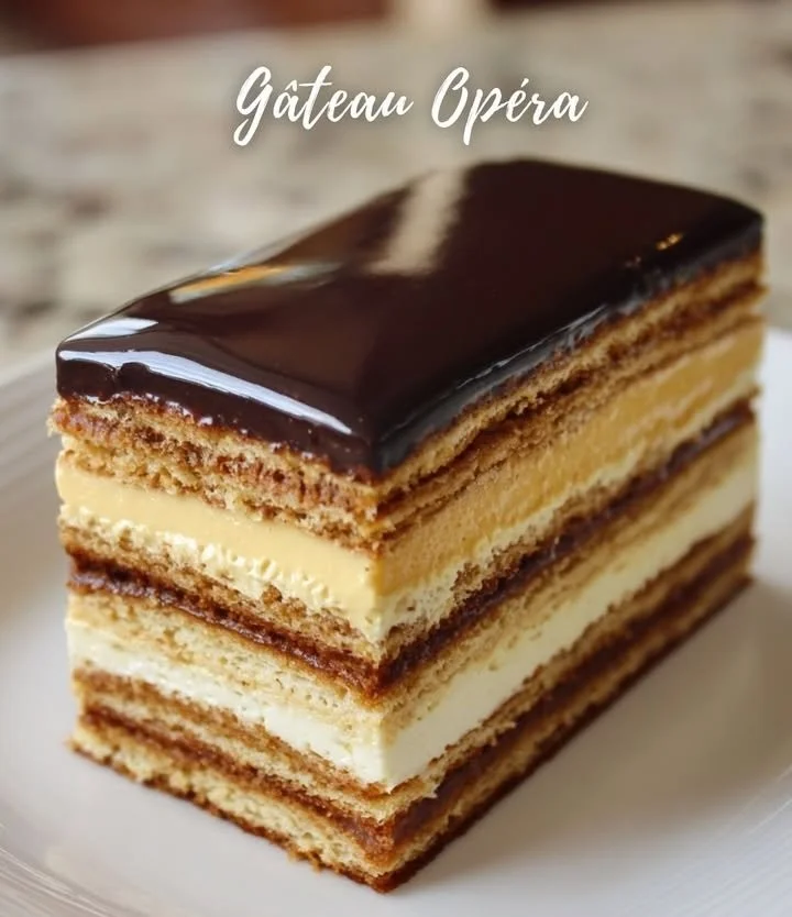 A beautifully presented Opera Cake with layers of chocolate and coffee.