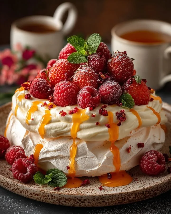 Orange Blossom Pavlova with Mascarpone Cream and Ruby Berries dessert