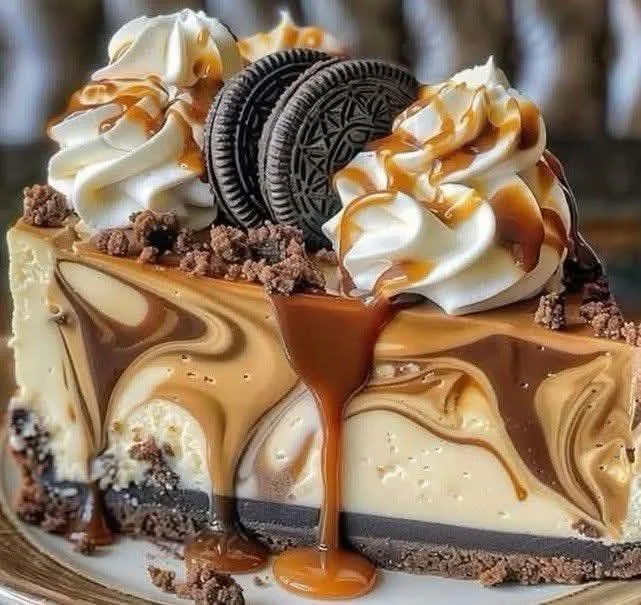 Delicious Oreo Caramel Swirl Cheesecake with creamy layers and chocolate crust