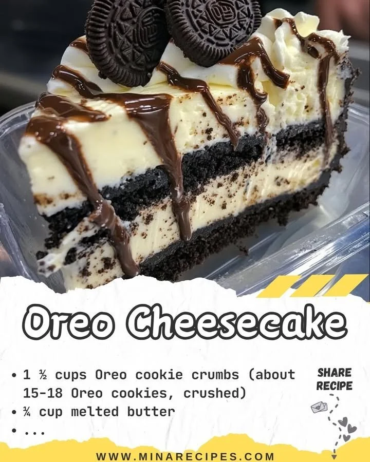 Delicious Oreo Cheesecake topped with Oreo cookies and chocolate drizzle.