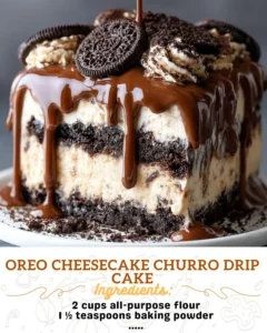Oreo Cheesecake Churro Drip Cake topped with chocolate drizzle and crushed Oreos