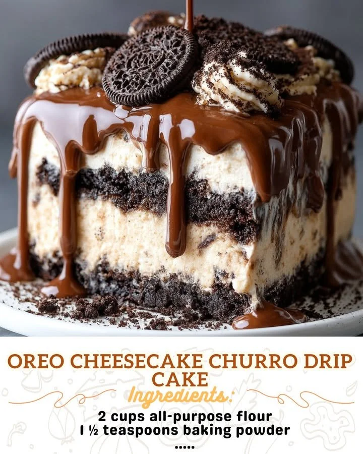 Oreo Cheesecake Churro Drip Cake with chocolate drizzle and churros on top.