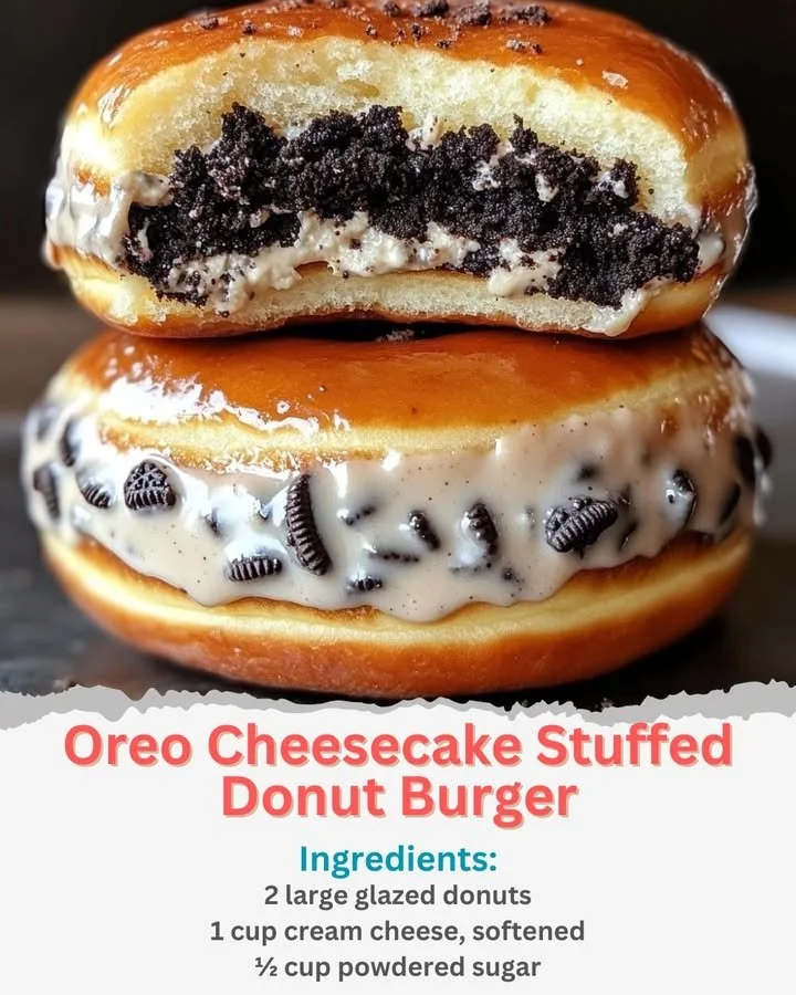 Oreo cheesecake stuffed donut burger with toppings on a plate.