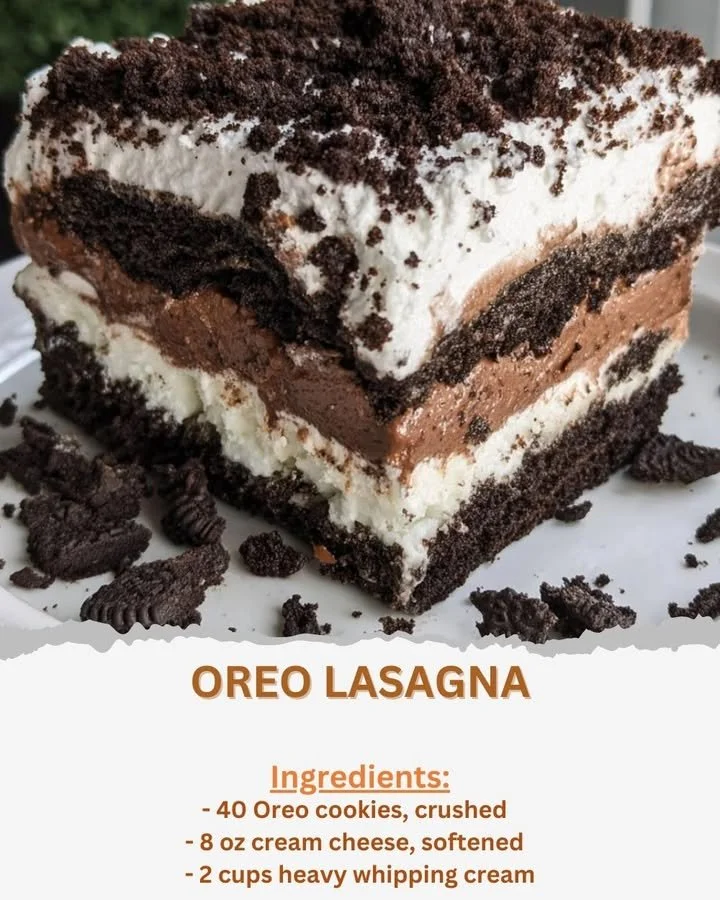 Delicious OREO lasagna dessert served in a glass dish
