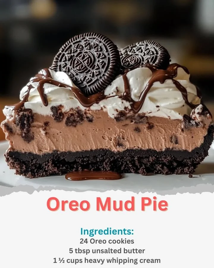 Oreo Mud Pie dessert with layers of chocolate and cream