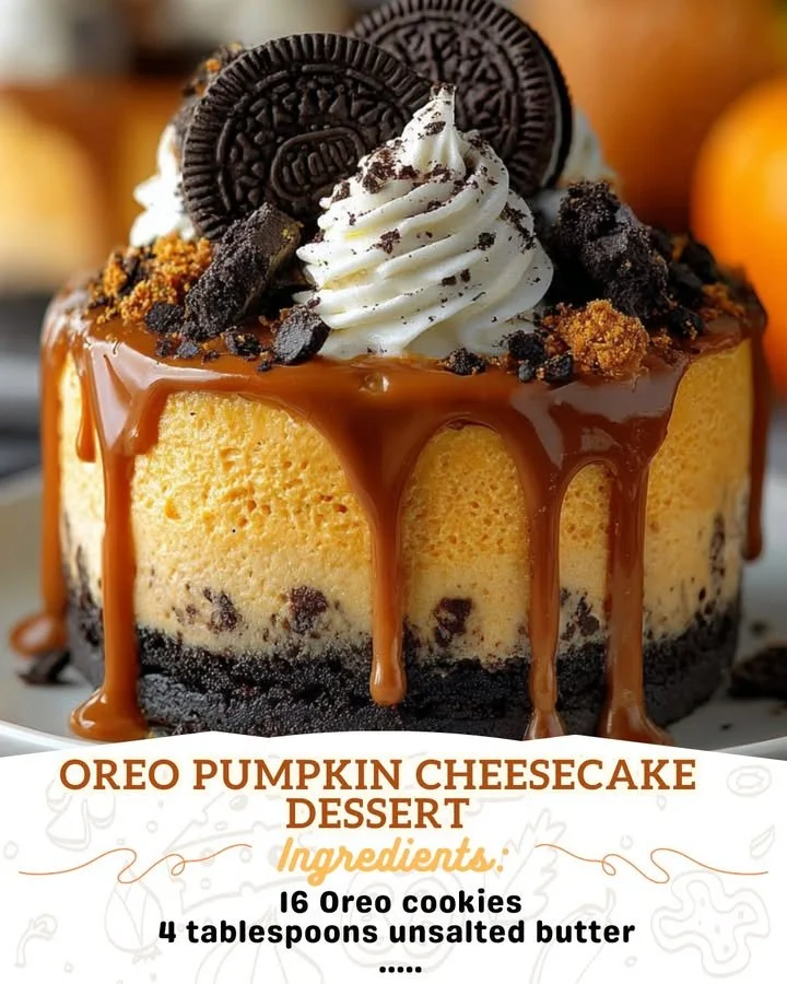 Oreo Pumpkin Cheesecake dessert with a creamy topping and Oreo crust