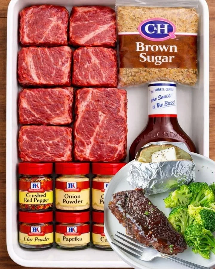 Oven baked boneless beef ribs served with side dishes