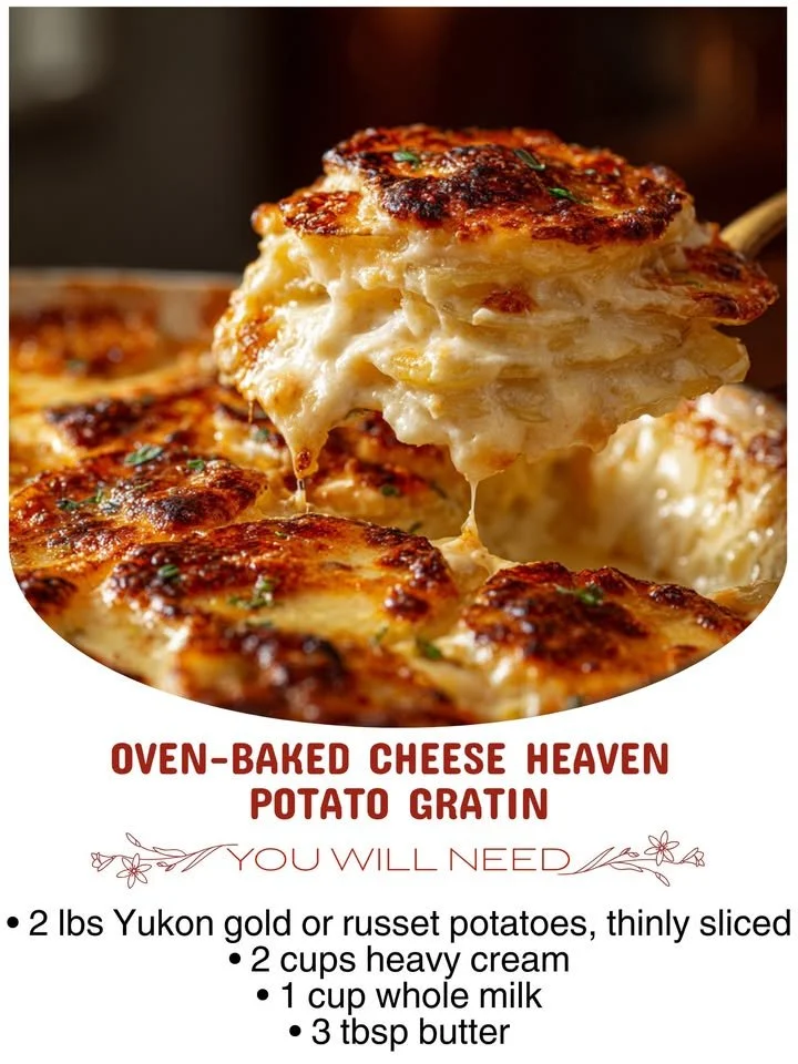 Oven-baked potato gratin topped with melting cheese and golden crust
