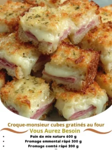 Oven-baked cheesy croque-monsieur cubes on a serving platter.