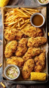 Oven baked KFC chicken served on a plate with sides.