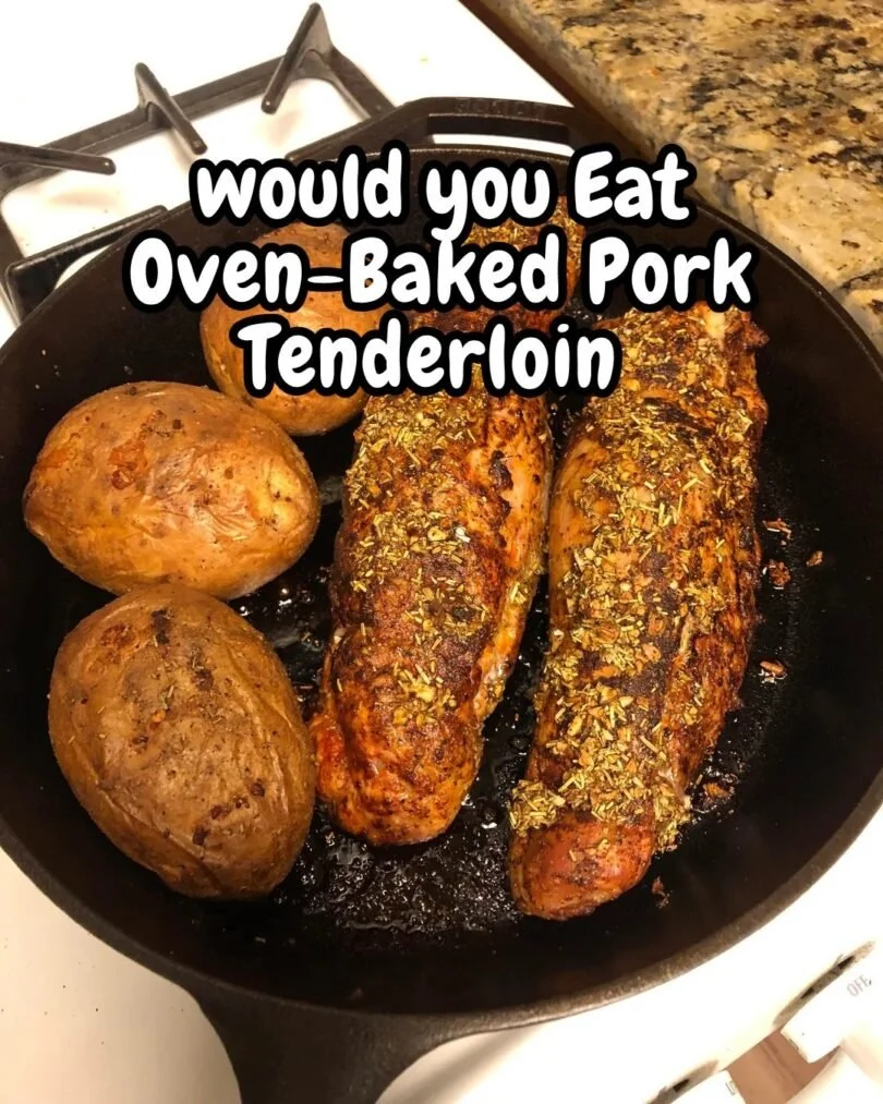 Oven-baked pork tenderloin served with herbs and vegetables on a plate