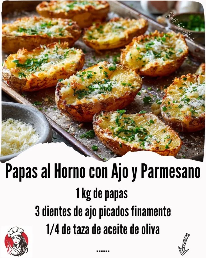 Oven-baked potatoes topped with garlic and parmesan cheese, ready to serve.