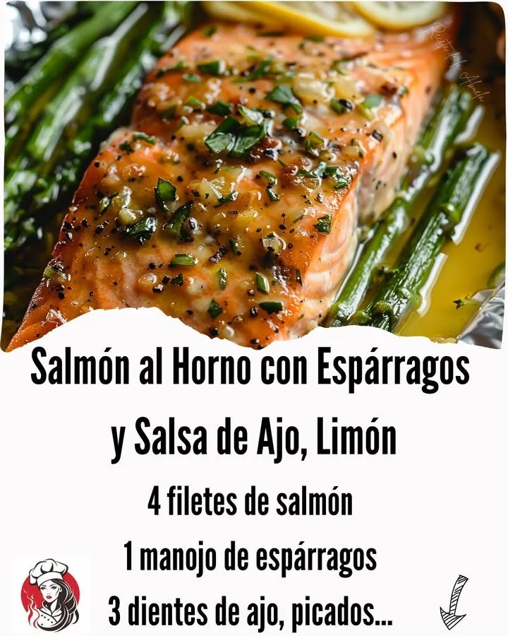 Oven-baked salmon fillet served with asparagus and garlic lemon sauce
