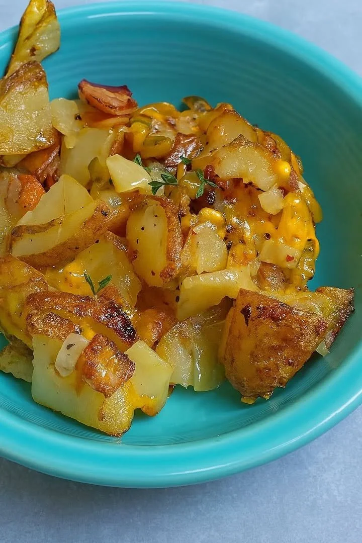Oven fried potatoes and onions served in a rustic dish