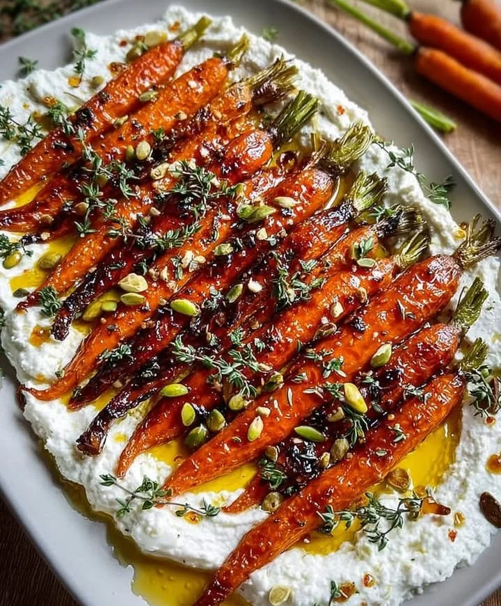 Plate of oven-roasted carrots on creamy ricotta with spicy hot honey drizzle