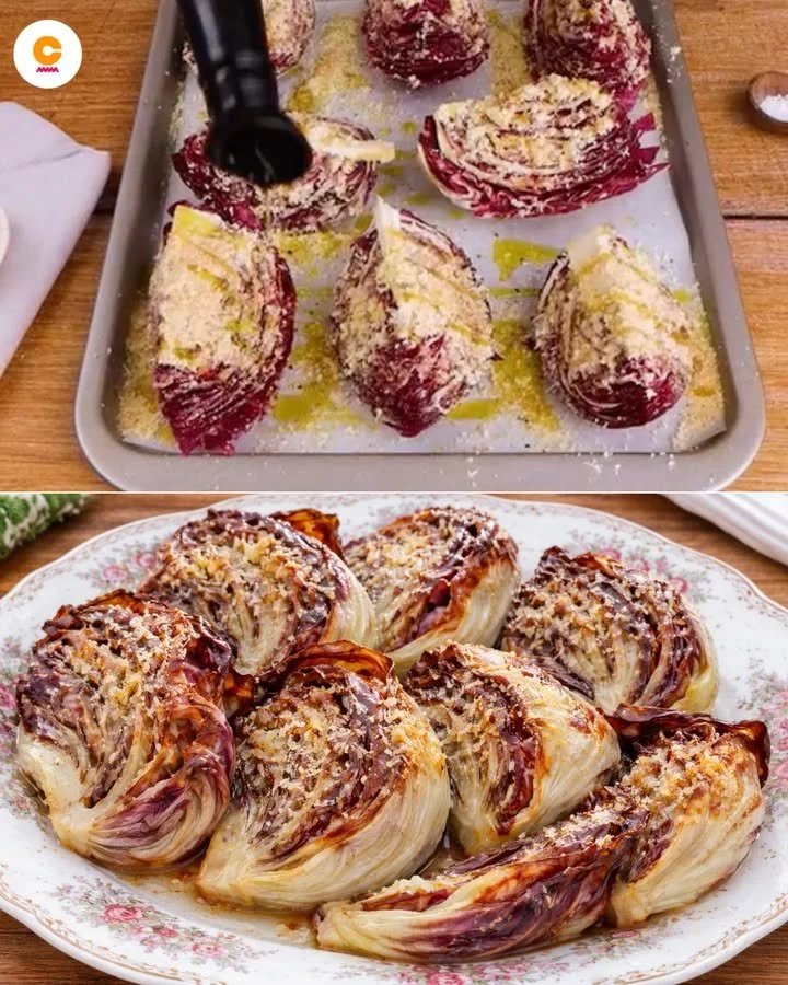 Plate of oven roasted radicchio garnished with herbs and spices