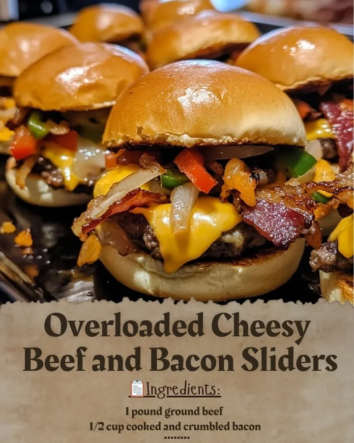Overloaded cheesy beef and bacon sliders served on a platter