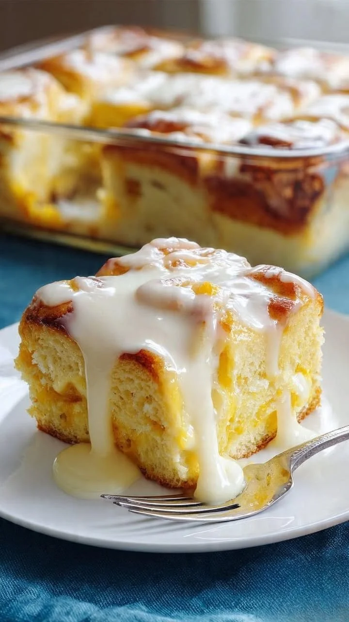 Delicious overnight orange roll casserole prepared for breakfast