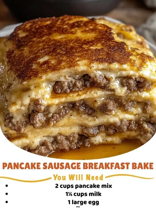 Pancake Sausage Bake with fluffy pancakes and savory sausage slices