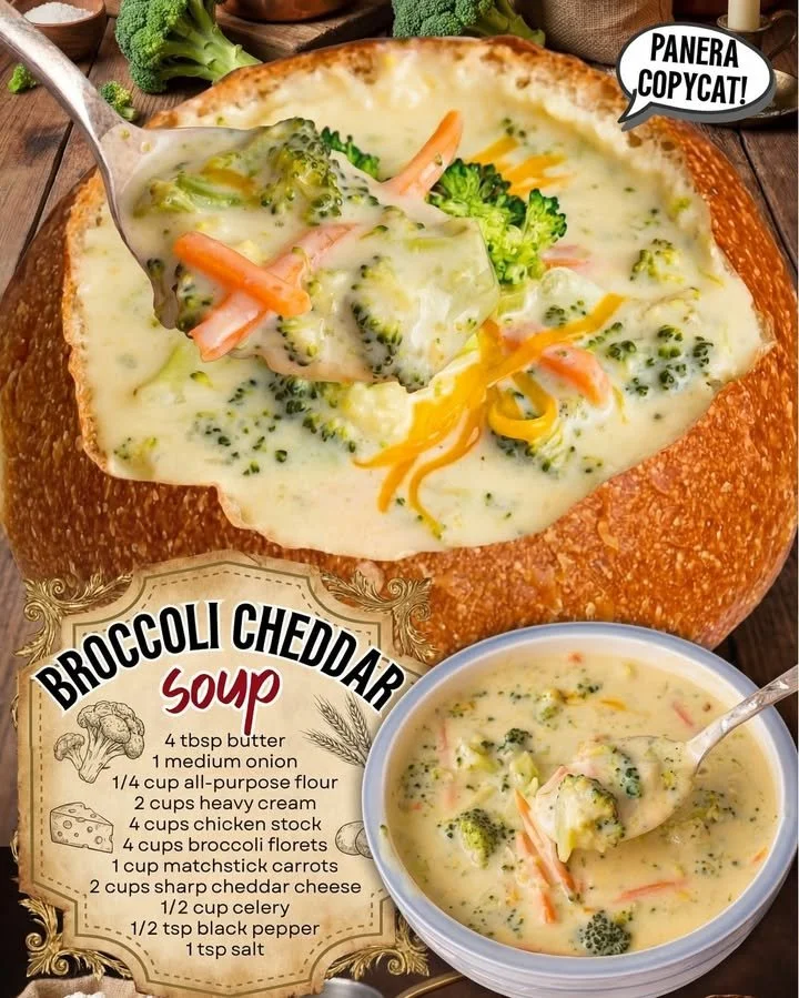 Homemade Panera-style Broccoli Cheddar Soup in a bowl with bread on the side